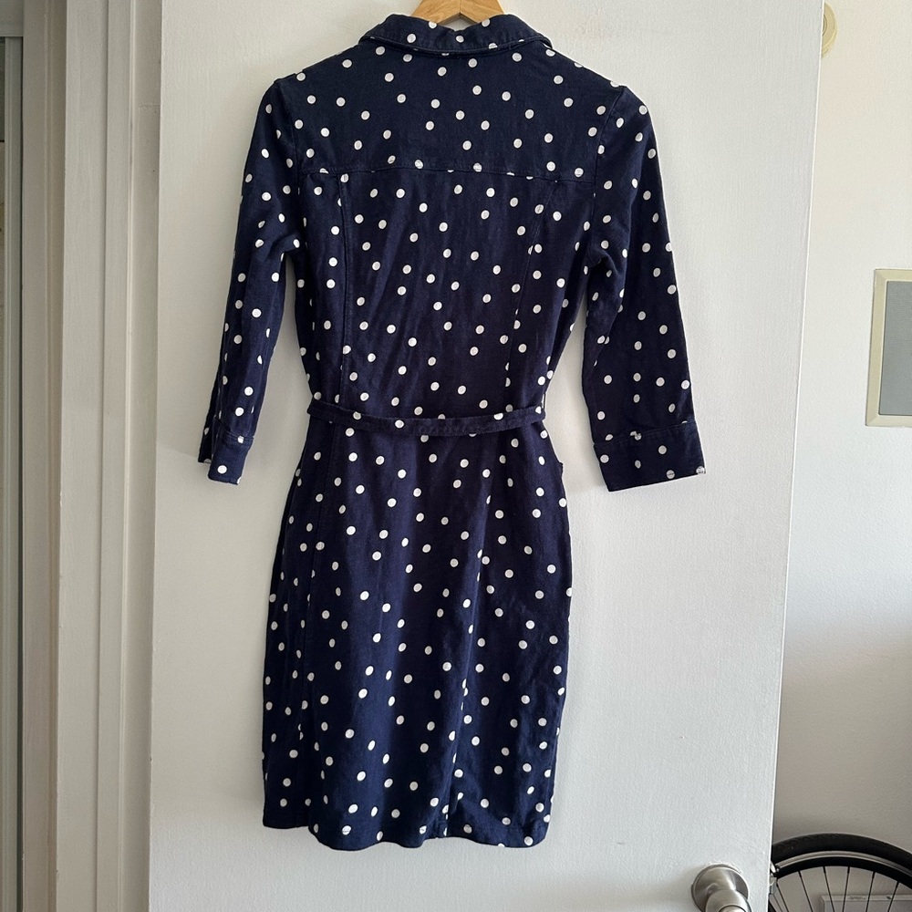Boden Navy/ White Polka Dot Cotton 3/4 Sleeve Collared Mini Dress size 4R EUC - Picture 2 of 6